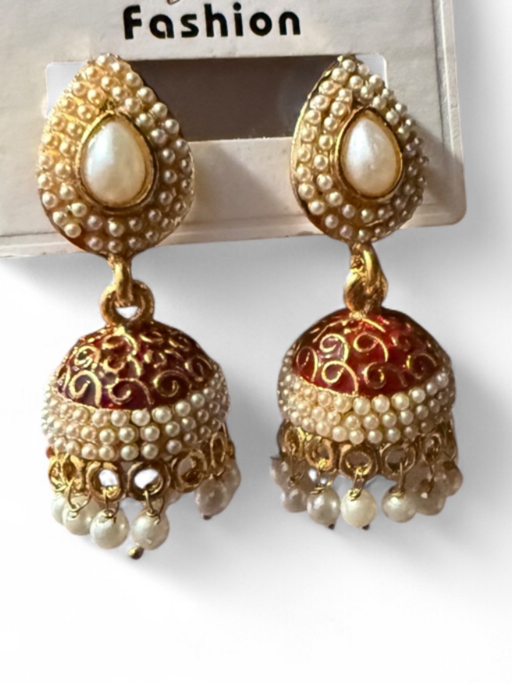 Gold-Tone Red and Pearl Jhumka Earrings
